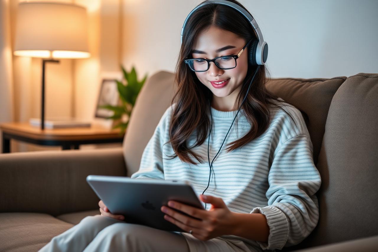 Student studying at home on an iPad with headphones