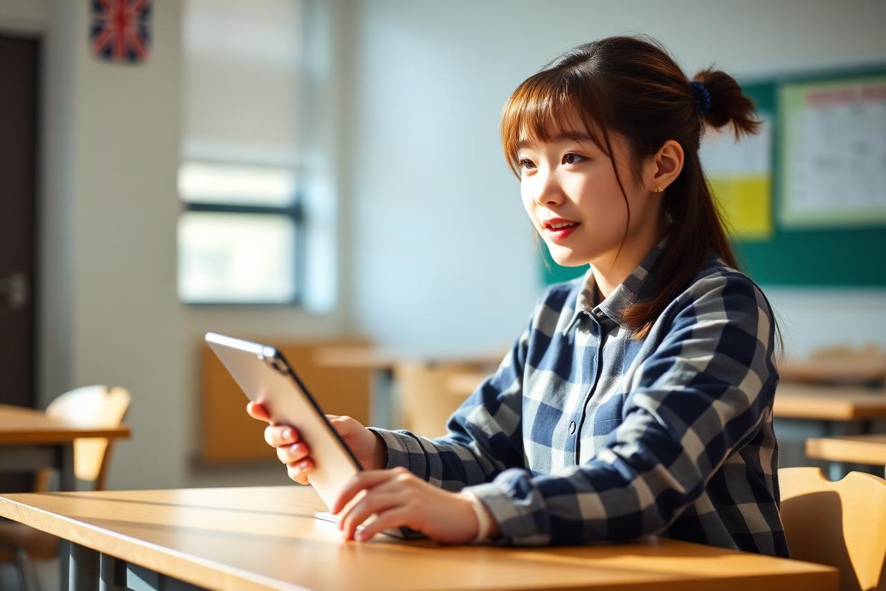 Student practising spoken English with a tablet