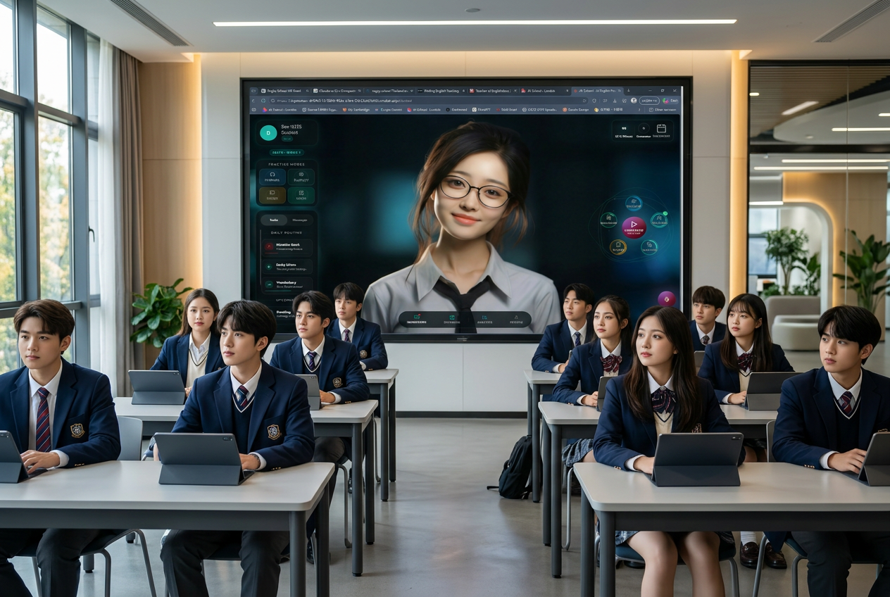 Teacher Li interface displayed on a large interactive screen in a hi-tech international classroom