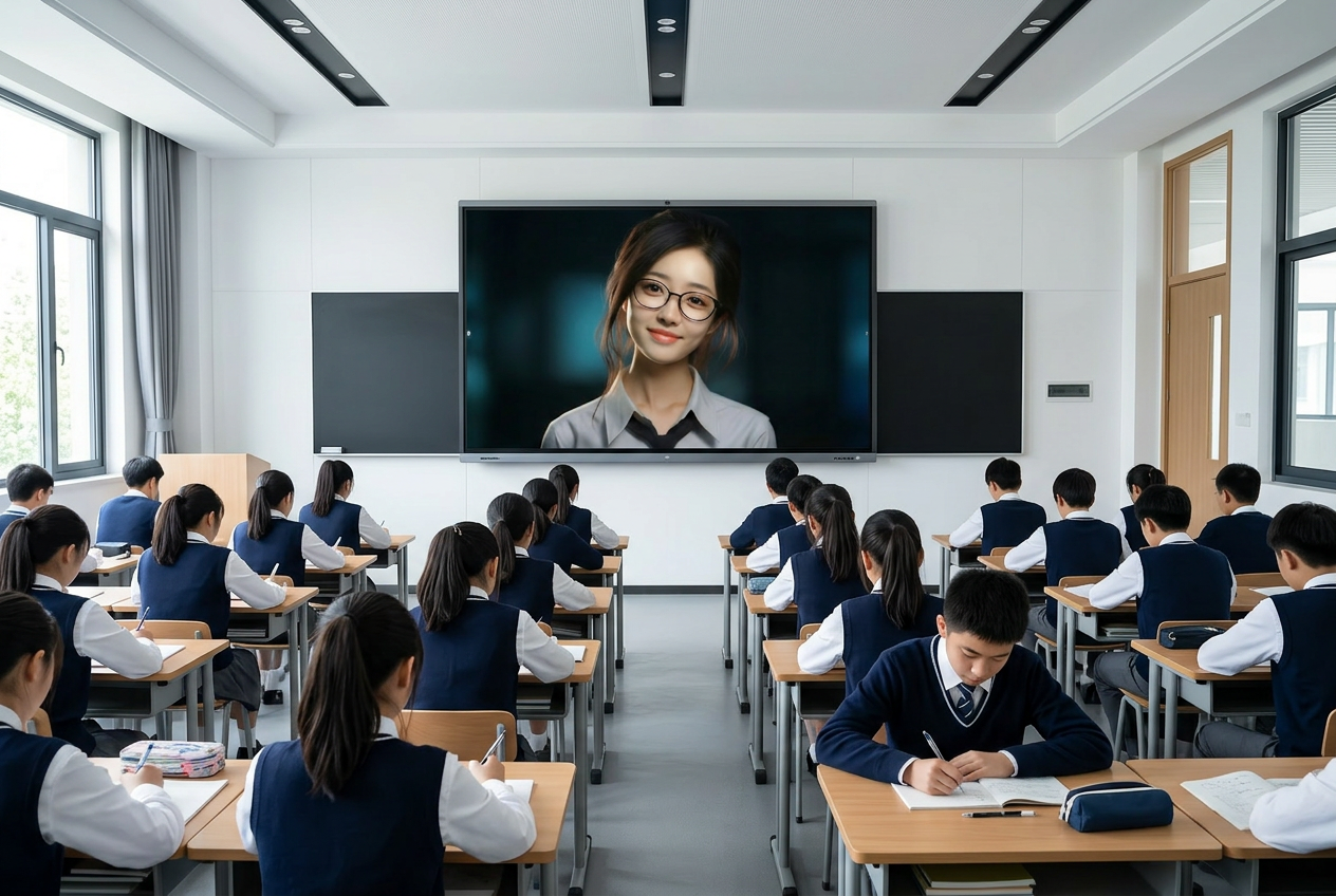 Teacher Li interface displayed on a large interactive screen in a hi-tech international classroom