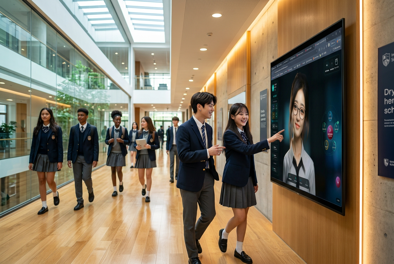 Students interacting with the Teacher Li interface on a digital signage screen in a school corridor