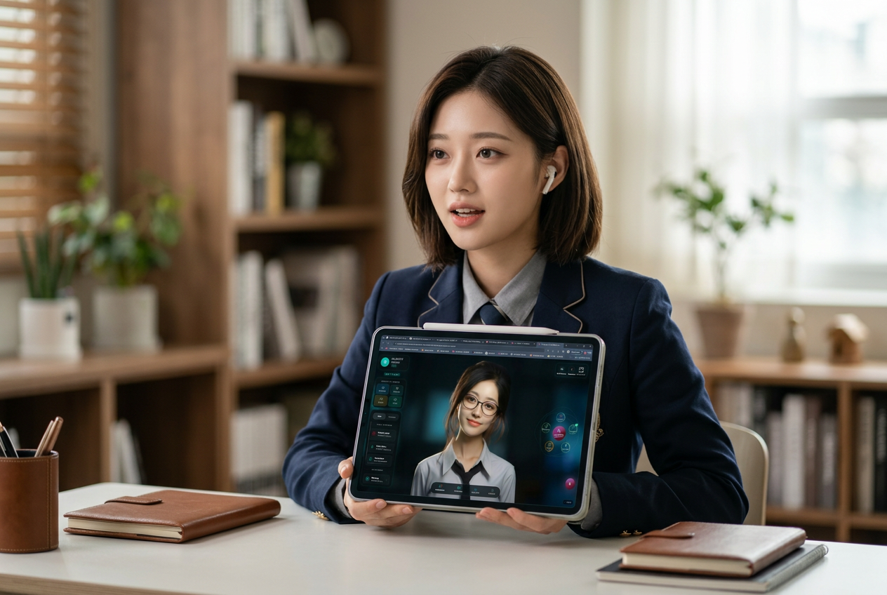 International high school student practising English speaking with the Teacher Li interface on an iPad