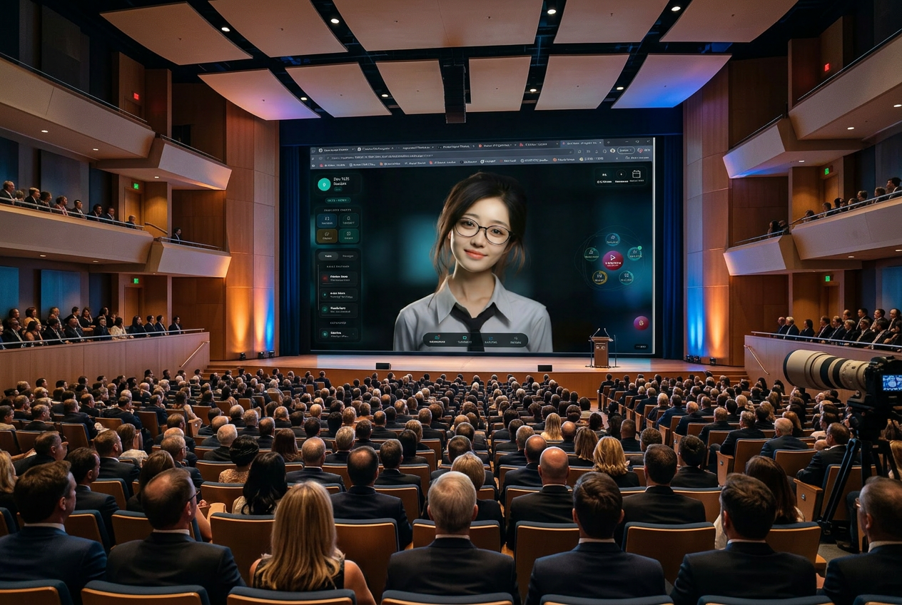 Large school auditorium with parents watching the Teacher Li interface on the main stage screen