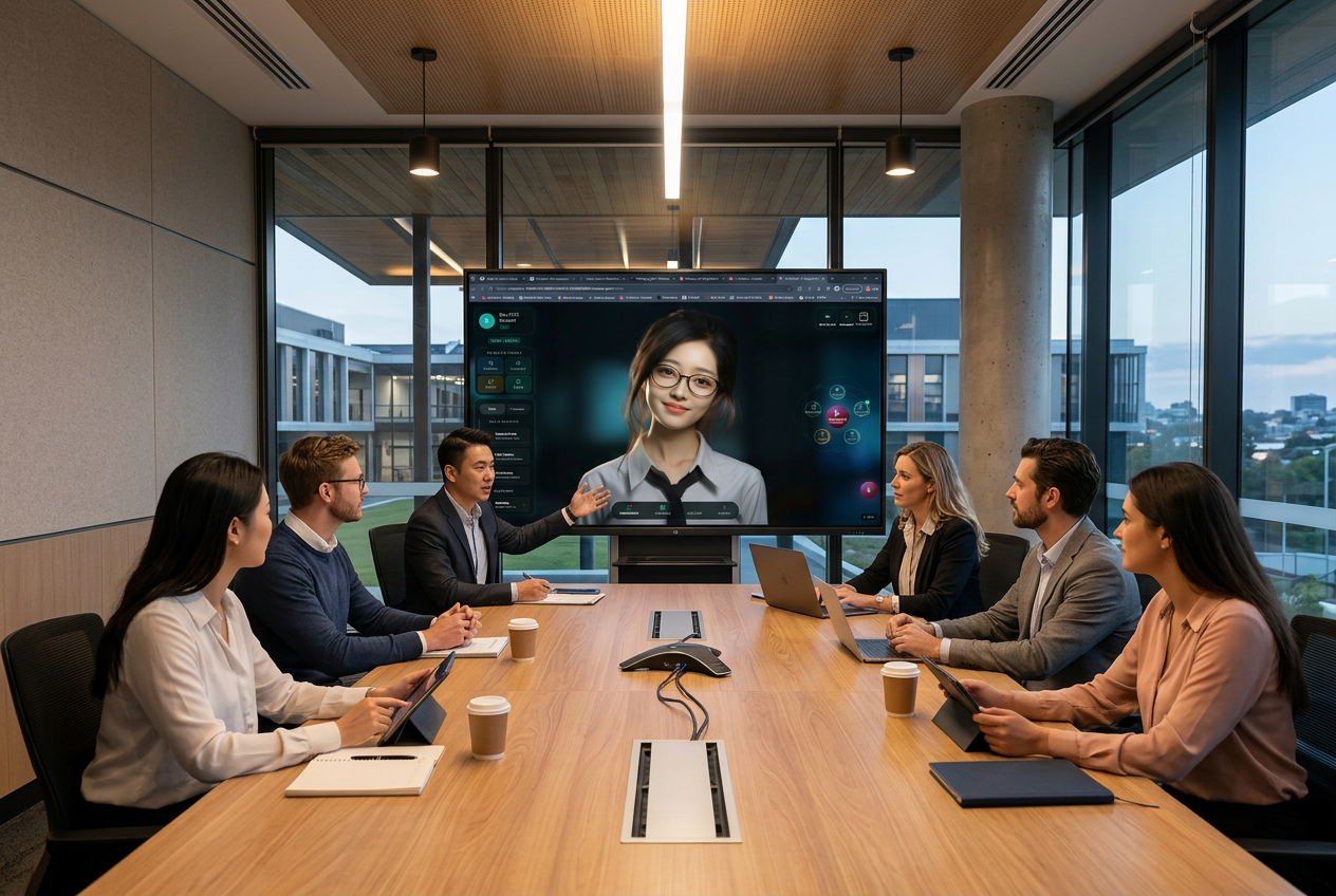 Teaching staff reviewing the Teacher Li interface on a meeting room display