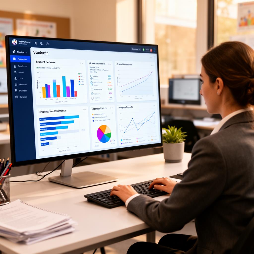 Teacher reviewing student performance dashboard with charts and reports on a hi-tech school computer